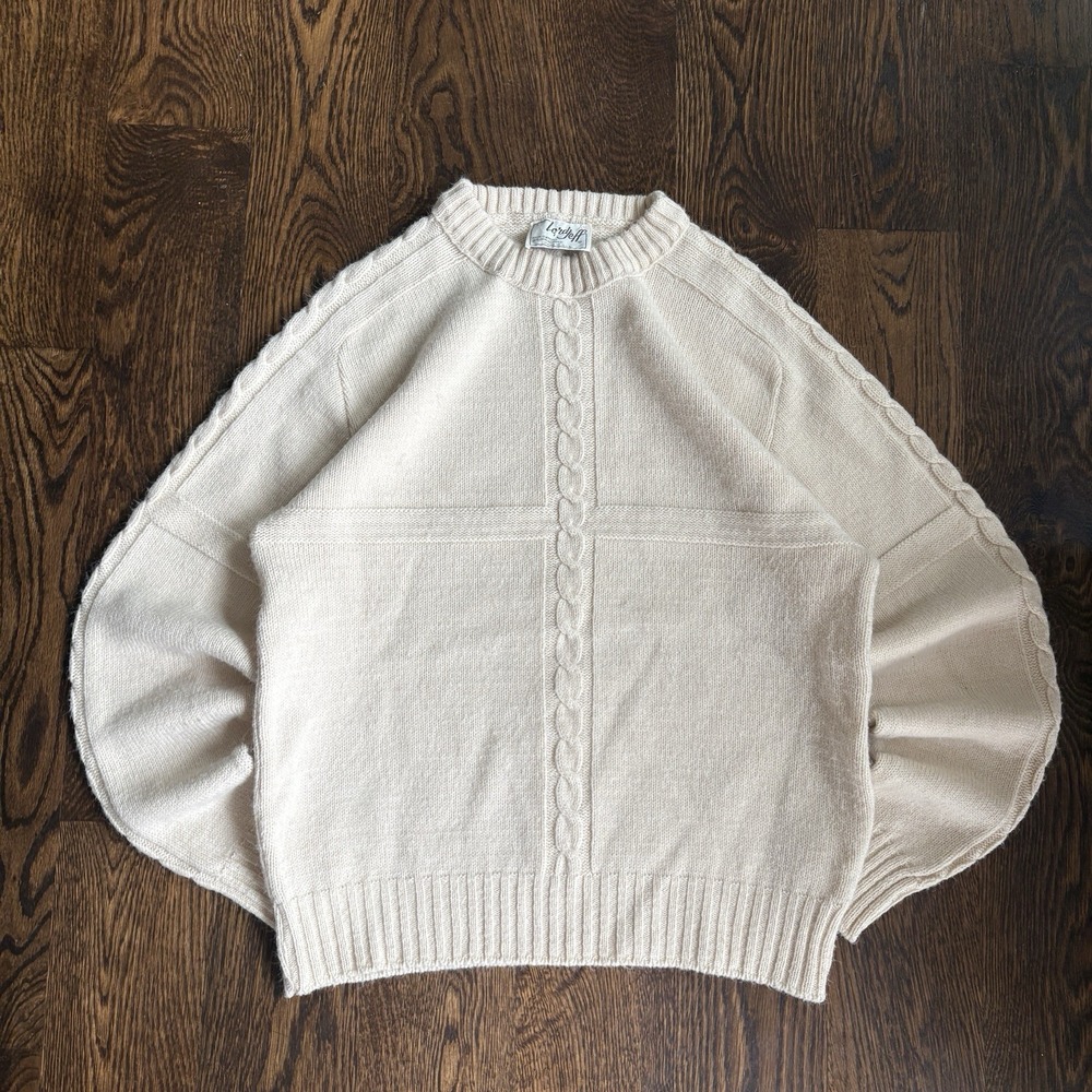VTG 70s Lord Jeff Cable Knit Grid Sweater L Cream Orlon Acrylic Crewneck USA